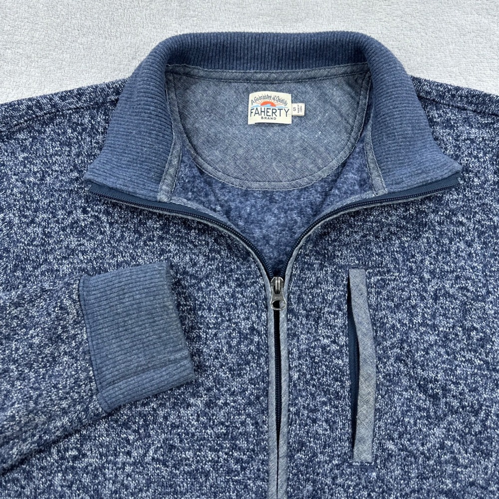 Faherty Full Zip Sweater Men Small Blue Marled Fleece Lined Mock Neck Jacket